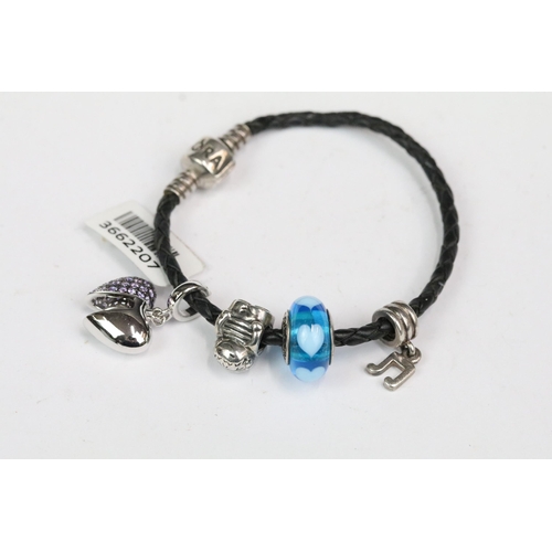 202 - Pandora - Pandora silver snake chain bracelet, together with Pandora leather bracelet with Pandora s... 