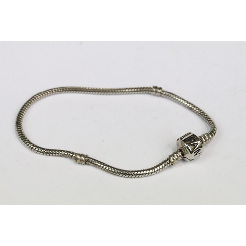 202 - Pandora - Pandora silver snake chain bracelet, together with Pandora leather bracelet with Pandora s... 