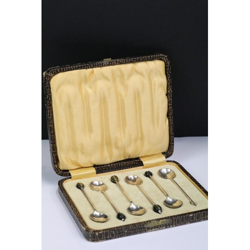 205 - A cased set of six fully hallmarked sterling silver coffee bean spoons together with a silver plated... 