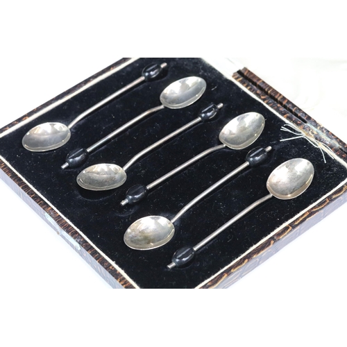 205 - A cased set of six fully hallmarked sterling silver coffee bean spoons together with a silver plated... 