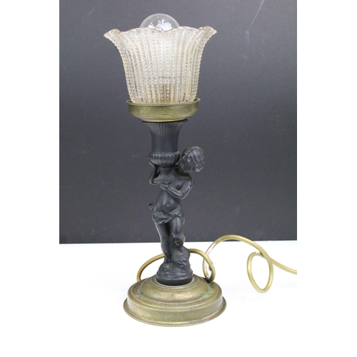 322 - Pair of Art Nouveau style cherub lamps carrying frill hobnail glass shades on rounded base, H 33cm