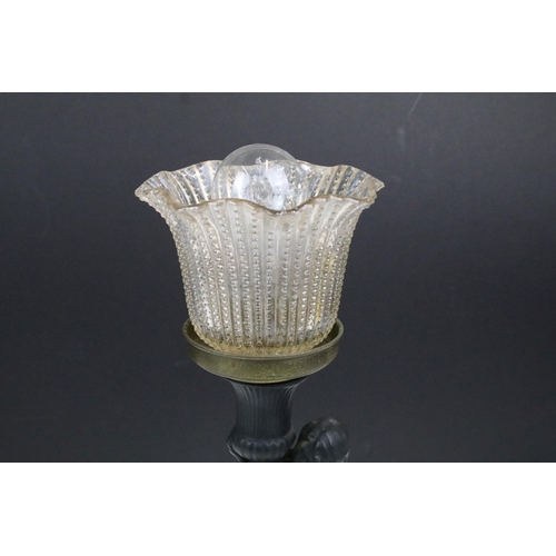 322 - Pair of Art Nouveau style cherub lamps carrying frill hobnail glass shades on rounded base, H 33cm