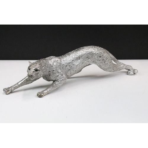 323 - The Leonardo Collection silver art - stalking cheetah statue figurine with gem eyes, 39cm