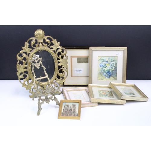 325 - Assortment of small ornate frames and pictures to include oval gilt stand frame, brass easel stand f... 