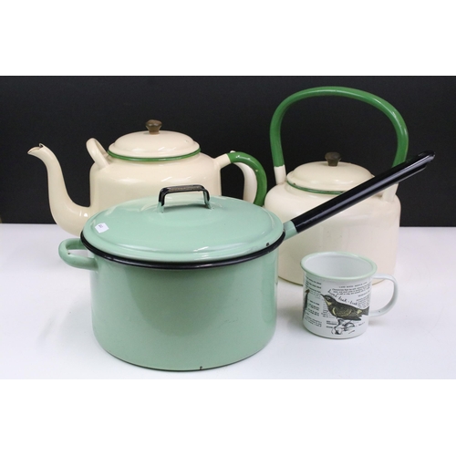 334 - Two vintage enamelled kettle pots and lidded saucepan