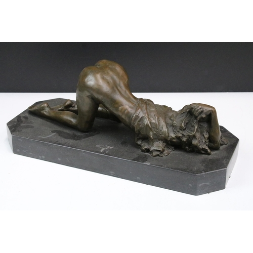 335 - Art Deco nude girl on knees bronze sculpture statue figure on marble base. H17cm, W43cm, D 18cm