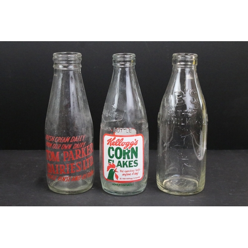 349A - Large Vintage metal milk crate with advertising glass bottles to include corn flakes, Cabdurys and D... 