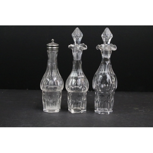 374 - Antique Edwardian silver and glass cruet set on moveable stand with fitted glass bottles, six piece ... 