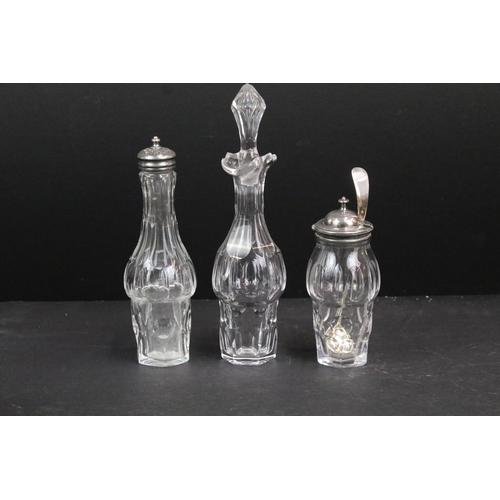 374 - Antique Edwardian silver and glass cruet set on moveable stand with fitted glass bottles, six piece ... 