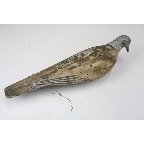 171 - Early 20th Century decoy pigeon having a metal head with glass eye wooden body. Plaque with patent n... 