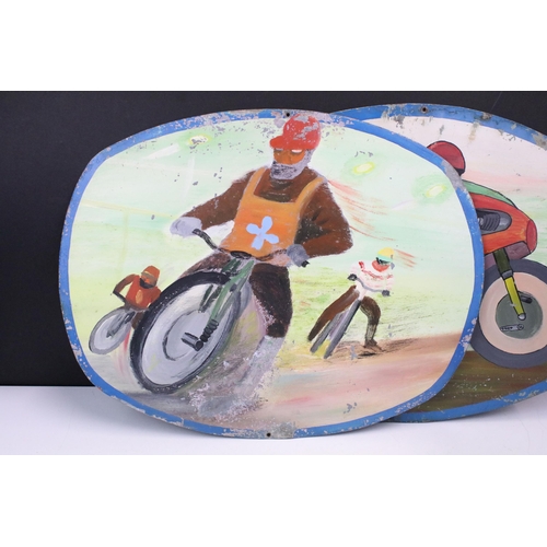 321 - Pair of mid century metal panels painted with motorbike scenes, each 35 x 45cm together with an earl... 