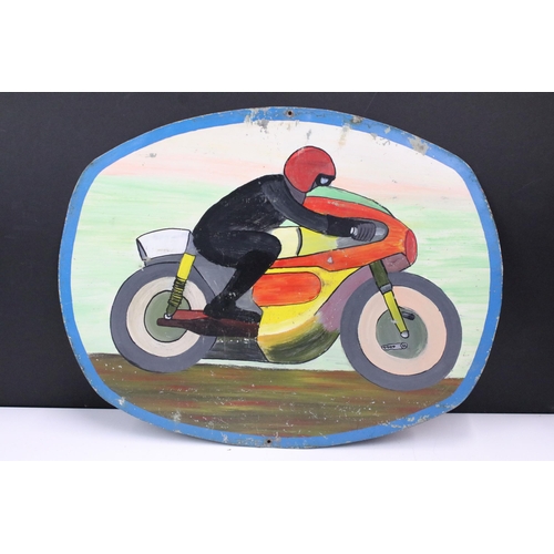 321 - Pair of mid century metal panels painted with motorbike scenes, each 35 x 45cm together with an earl... 