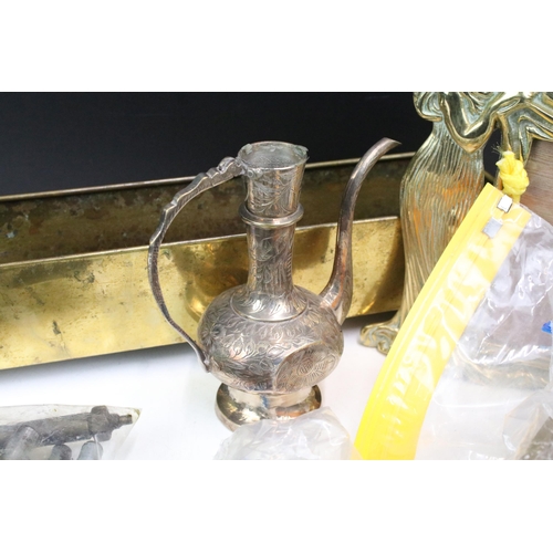 364 - Collection of brass items to include a small rectangular planter, ewer jug, Art Nouveau style stand ... 