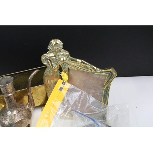 364 - Collection of brass items to include a small rectangular planter, ewer jug, Art Nouveau style stand ... 