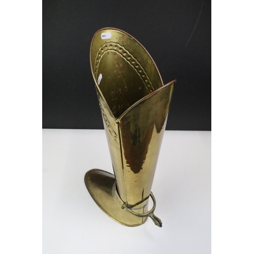 376 - Vintage brass boot umbrella or stick stand with stirrups, weighted base, H 52cm