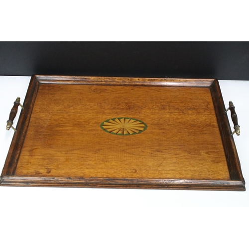 377 - Assortment of items to include an Edwardian oak tray, Edwardian inlaid tray, Tiffany style hanging l... 