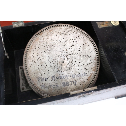 378 - 'The Imperial' polyphon music box with handle, with records of The Honeymoon, For Old times sake, St... 