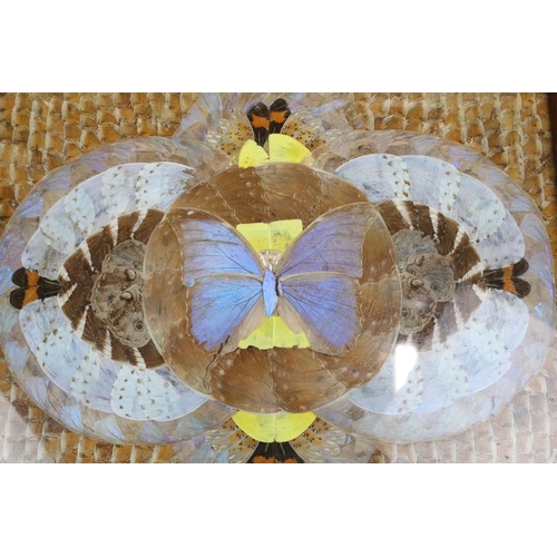 384 - Vintage two handled inlay tray with butterfly wing design under glass, Rio de Janeiro - Brasil, W 52... 