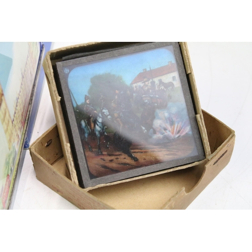 254 - A collection of glass magic lantern slides to include Boer war sets within original boxes and real p... 