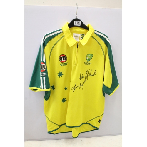 398 - 2004 Australia Cricket shirt with two team signatures to front. Size XXL.