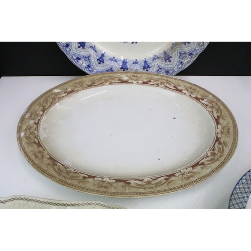 105 - Selection of nine large meat serving platters to include blue and white, handpainted, Spode, Berlin ... 