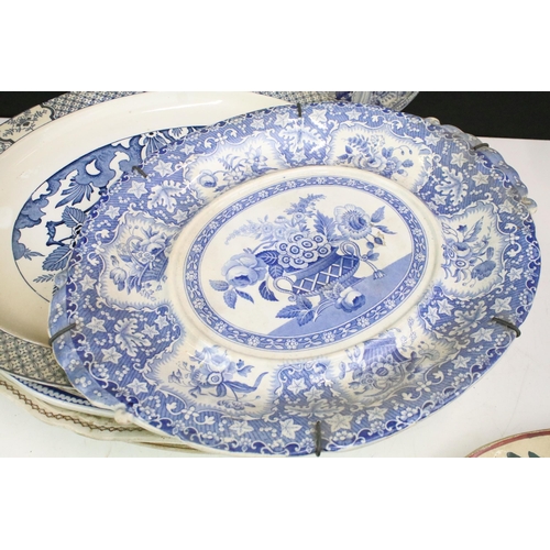 105 - Selection of nine large meat serving platters to include blue and white, handpainted, Spode, Berlin ... 