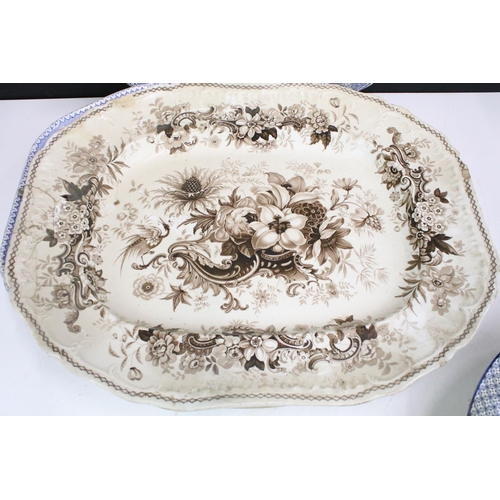 105 - Selection of nine large meat serving platters to include blue and white, handpainted, Spode, Berlin ... 