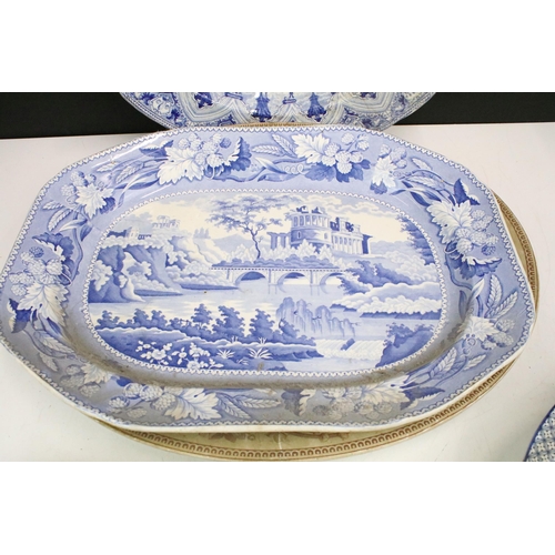 105 - Selection of nine large meat serving platters to include blue and white, handpainted, Spode, Berlin ... 