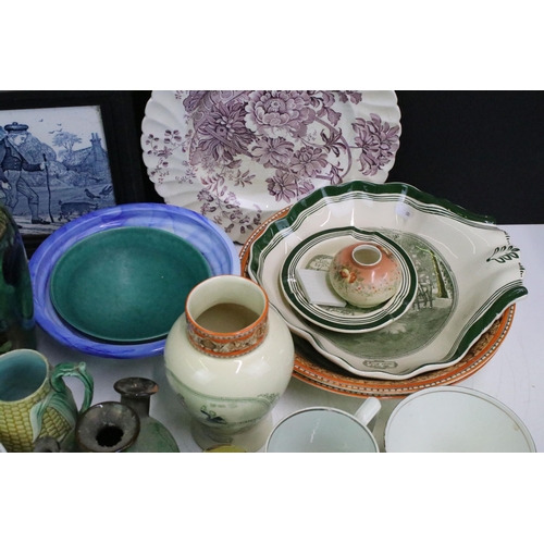 106 - Selection of antique and vintage ceramics and glass to include Clarice Cliff 'Charlotte' plate, Wedg... 