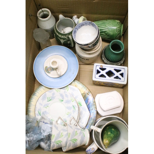 106 - Selection of antique and vintage ceramics and glass to include Clarice Cliff 'Charlotte' plate, Wedg... 