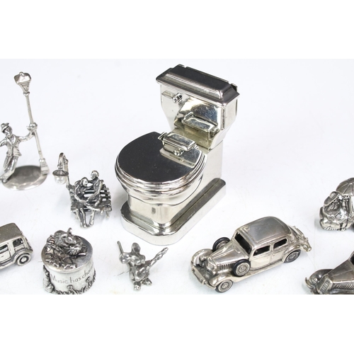 277 - A small group of mainly silver plated miniature collectables to include cars, figures and two baby t... 