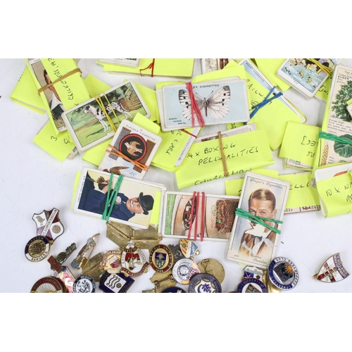 293 - A small collection of mixed cigarette cards together with a collection of football related enamel ba... 