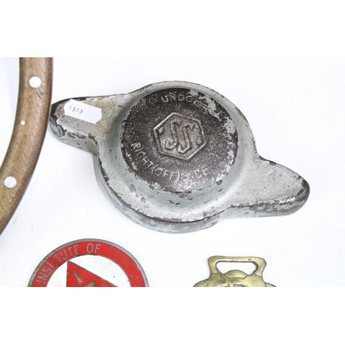 302 - A vintage classic car Moto-Lita aluminium steering wheel together with a Jaguar SS hub nut and a sel... 