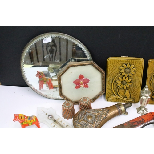 307 - A box of mixed collectables to include bevelled glass mirror, photograph frame, brassware, clay pipe... 