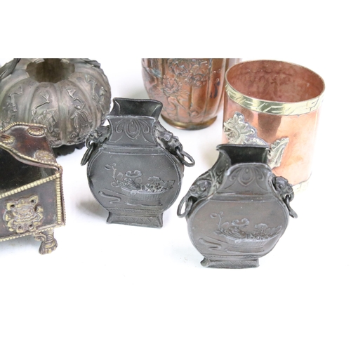 308 - A small collection of mixed metal ware to include copper cups, white metal oriental teapot, brass se... 