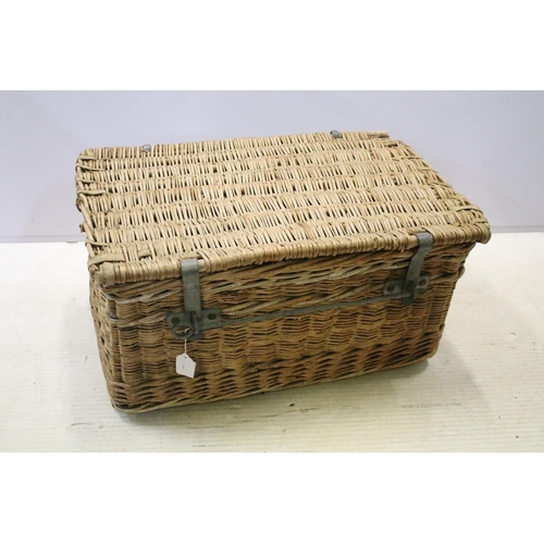 656 - Early 20th century wicker hamper with iron mounts and closing mechanism, H 33cm W 64cm