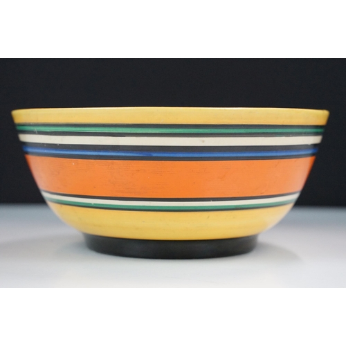 15 - Bizarre by Clarice Cliff Art Deco hand painted stripe band bowl, H 8cm, Diameter 17cm