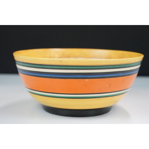 15 - Bizarre by Clarice Cliff Art Deco hand painted stripe band bowl, H 8cm, Diameter 17cm