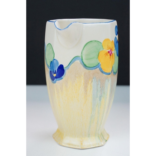 17 - Bizarre by Clarice Cliff hand painted 'Pansies' jug, H 16cm together with an Art Deco sugar sifter H... 