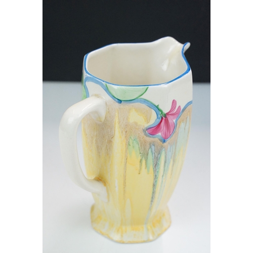 17 - Bizarre by Clarice Cliff hand painted 'Pansies' jug, H 16cm together with an Art Deco sugar sifter H... 