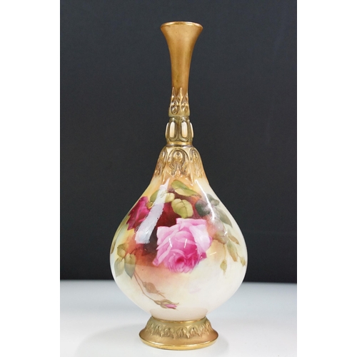 2 - Royal Worcester hand painted specimen bud vase 'Roses' still life, H 20.5cm, stamped H304 RaNo519792... 