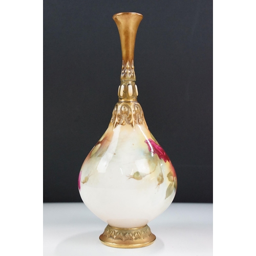 2 - Royal Worcester hand painted specimen bud vase 'Roses' still life, H 20.5cm, stamped H304 RaNo519792... 