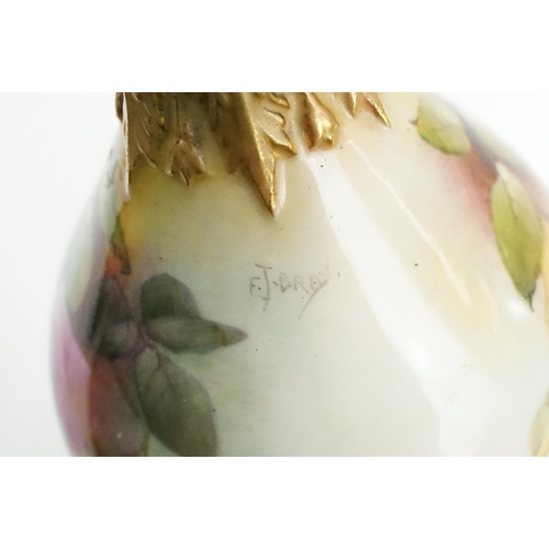 2 - Royal Worcester hand painted specimen bud vase 'Roses' still life, H 20.5cm, stamped H304 RaNo519792... 