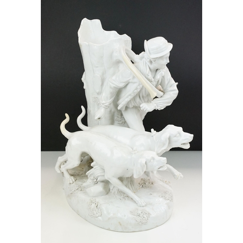 22 - Large 19th Century Meissen continental ceramic sculpture statue of the hunt, hunting man and dogs. C... 