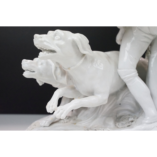 22 - Large 19th Century Meissen continental ceramic sculpture statue of the hunt, hunting man and dogs. C... 