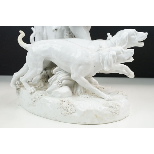 22 - Large 19th Century Meissen continental ceramic sculpture statue of the hunt, hunting man and dogs. C... 