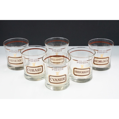 39 - Mid-Century Cera 'Name your poison' unit measure drinking glasses with Belladonna, Arsenic, Hemlock,... 