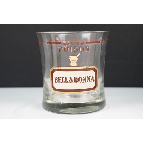 39 - Mid-Century Cera 'Name your poison' unit measure drinking glasses with Belladonna, Arsenic, Hemlock,... 