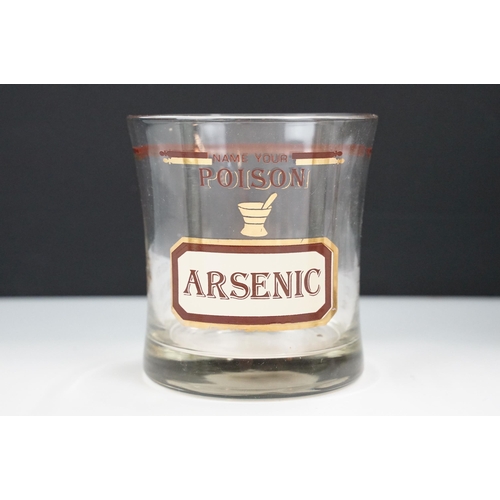 39 - Mid-Century Cera 'Name your poison' unit measure drinking glasses with Belladonna, Arsenic, Hemlock,... 