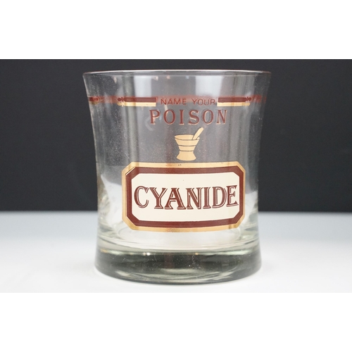 39 - Mid-Century Cera 'Name your poison' unit measure drinking glasses with Belladonna, Arsenic, Hemlock,... 